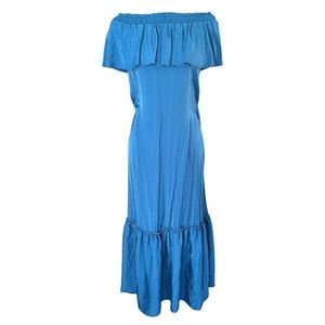 LOFT BEACH Blue Teal Maxi Dress Off the Shoulder Tiered Ruffle Women Size XXS